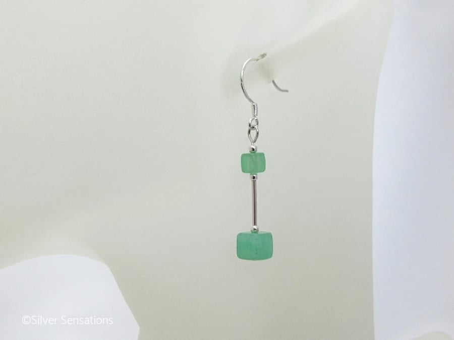 Brighter Green Aventurine Square Cubes & Sterling Silver Tube Earrings