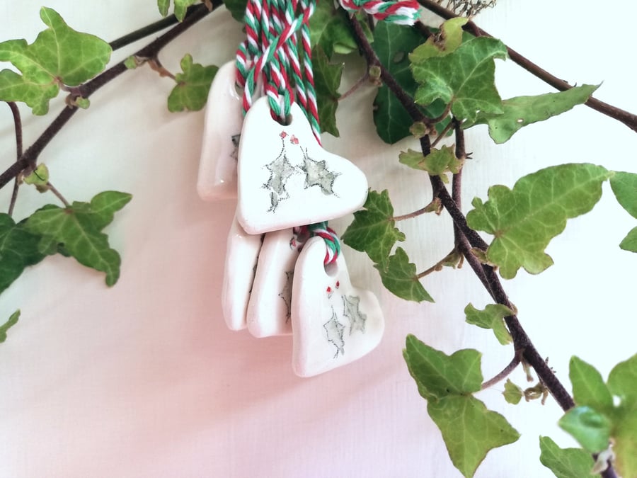 Handmade ceramic gift tags heart and holly x 5 pottery christmas decorations