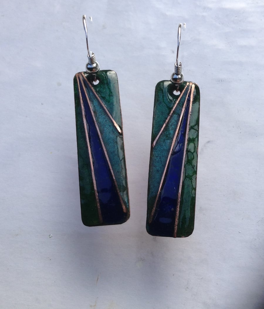 Deco style enamelled copper earrings