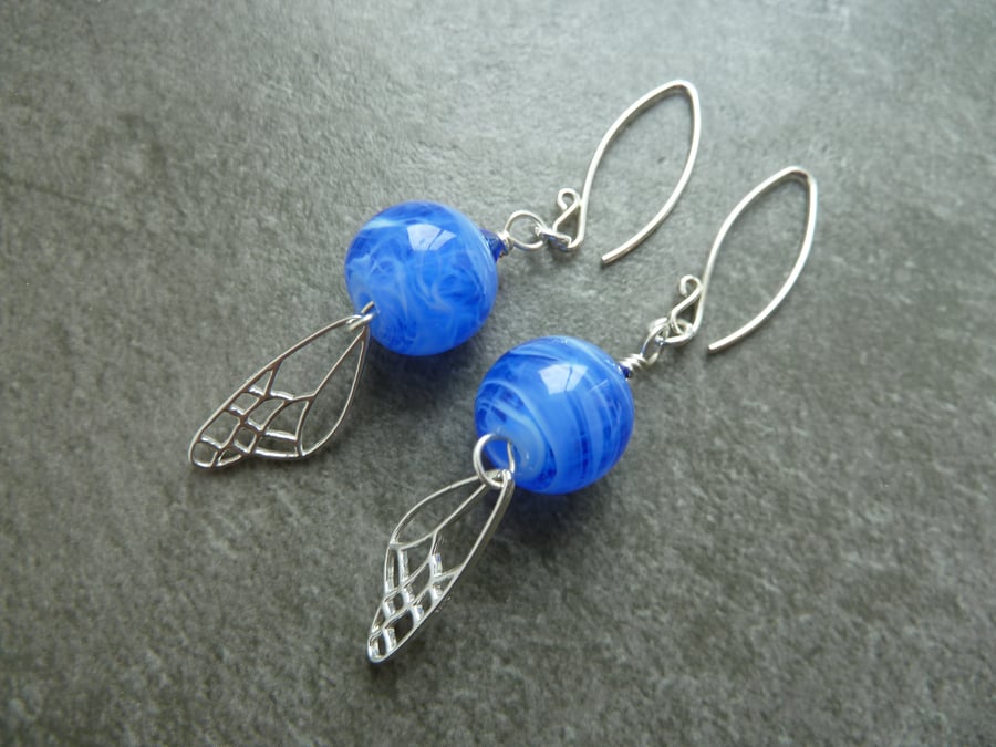 sterling silver, blue lampwork glass wing earrings