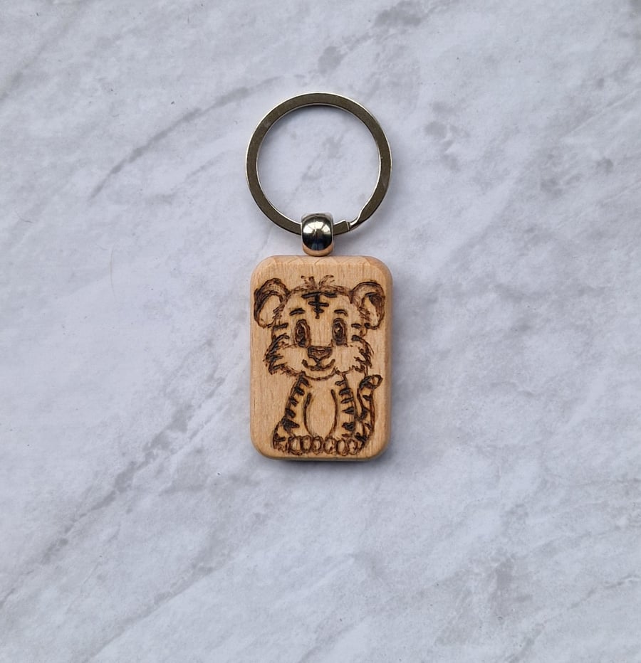 Hand burned wooden cute tiger keyring