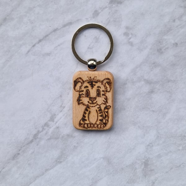 Hand burned wooden cute tiger keyring