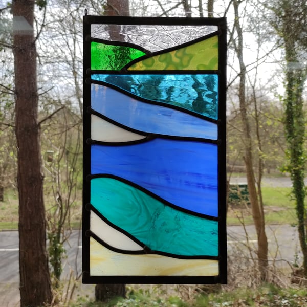 SOLD Beach scene seascape stained glass leaded hanging panel.