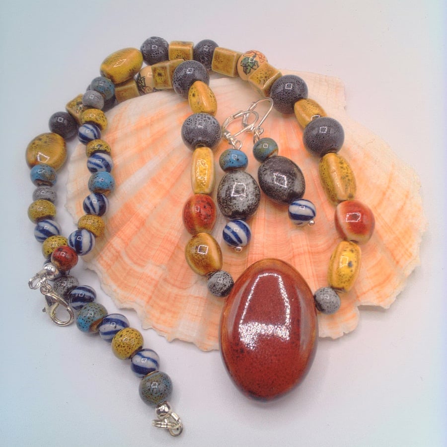 Necklace and Earrings Set in Earthy Tone Ceramic Beads, Gift for Her, Jewellery