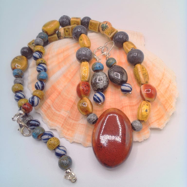 Necklace and Earrings Set in Earthy Tone Ceramic Beads, Gift for Her, Jewellery