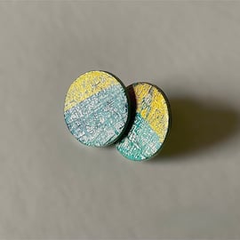 Aqua And Gold Seascape Ear Studs. 20mm diameter.