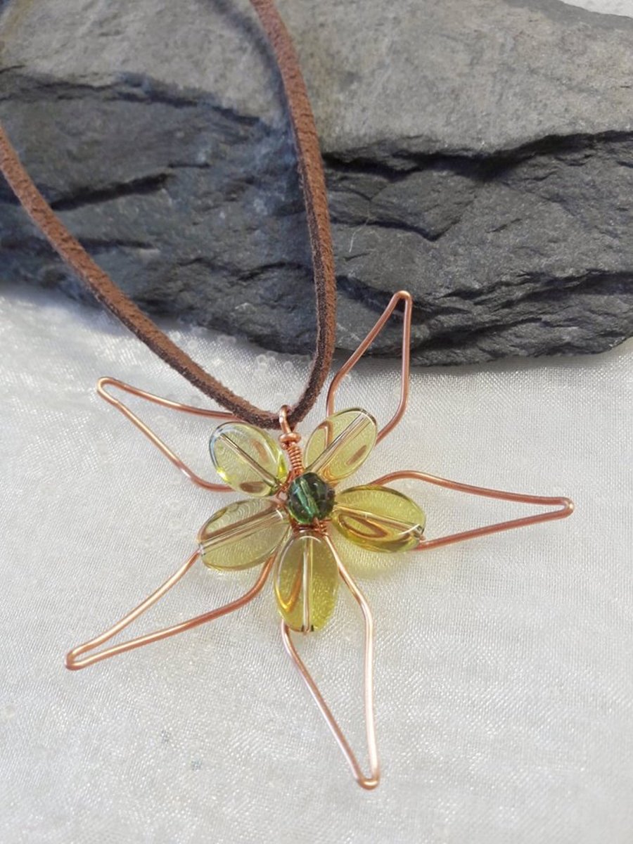 SALE Wire Wrapped Copper Flower Pendant on Faux suede 