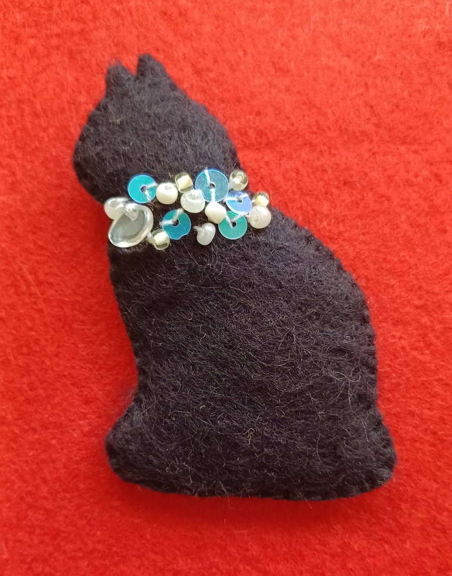 Handmade Black Cat Felt Brooch with Quartz Crystal Chip