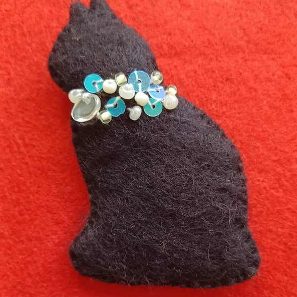 Handmade Black Cat Felt Brooch with Quartz Crystal Chip