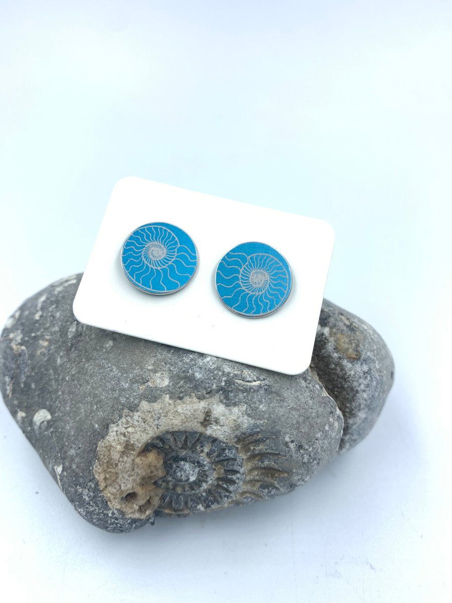 Turquoise anodised aluminium ammonite stud earrings