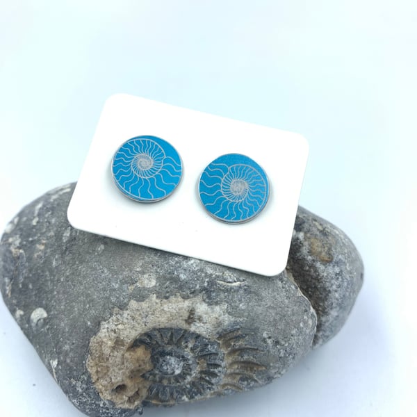 Turquoise anodised aluminium ammonite stud earrings