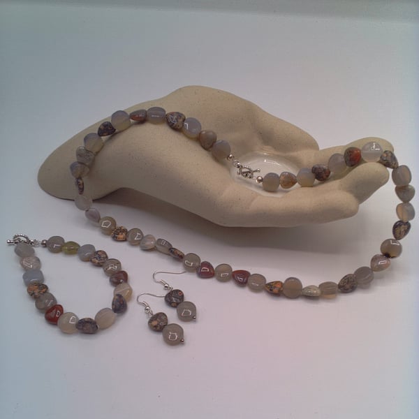 Beaded Jasper Heart and Glass Disc Bead Jewellery Set, Gift for Her