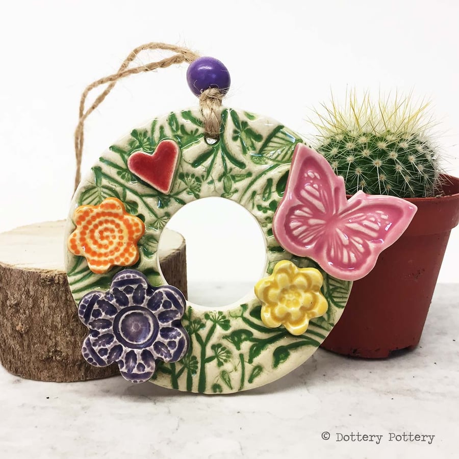 Small ceramic floral wreath decoration butterfly and flowers pottery butterfly