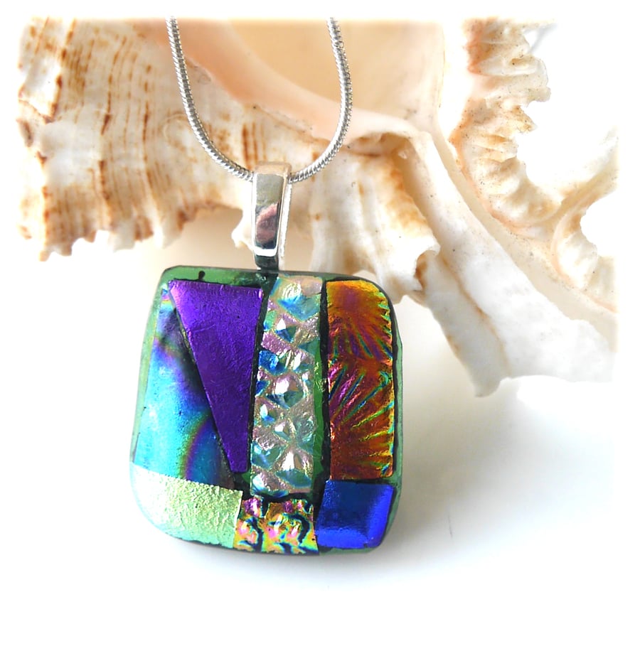 Patchwork Pendant Dichroic Glass P002 Silver plated chain