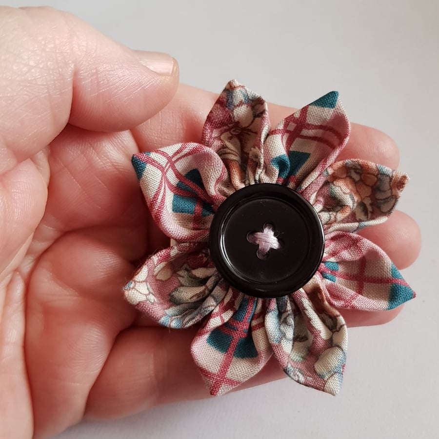 Pink and Teal Fabric Flower Hair Clip with Black Button - One Off Design