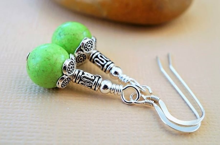 Lime green magnesite and silver earrings