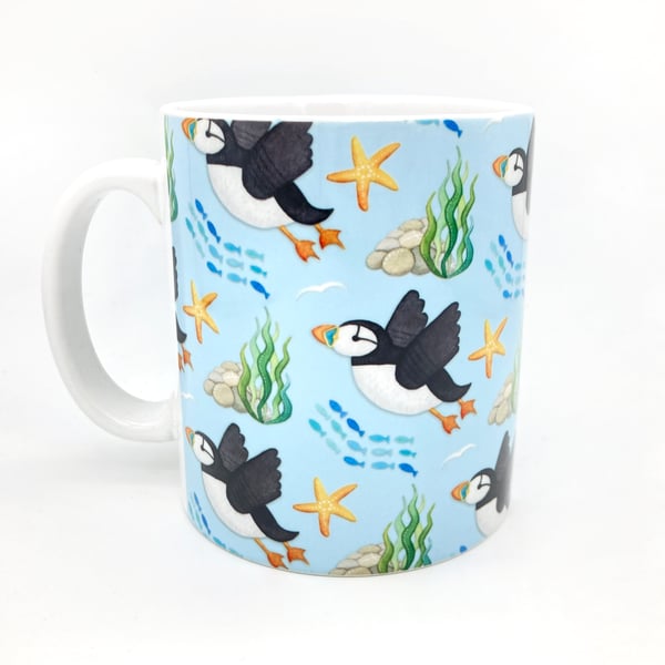 Puffin Pattern Mug - Flying Puffins. Seaside Mug. Coastal Nautical Kitchen Decor