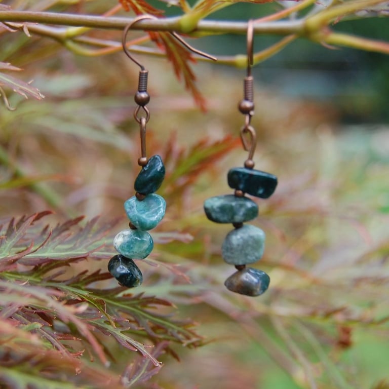 Copper & Agate Stacked Drop Earrings - Handmade - Natural Stone Earrings