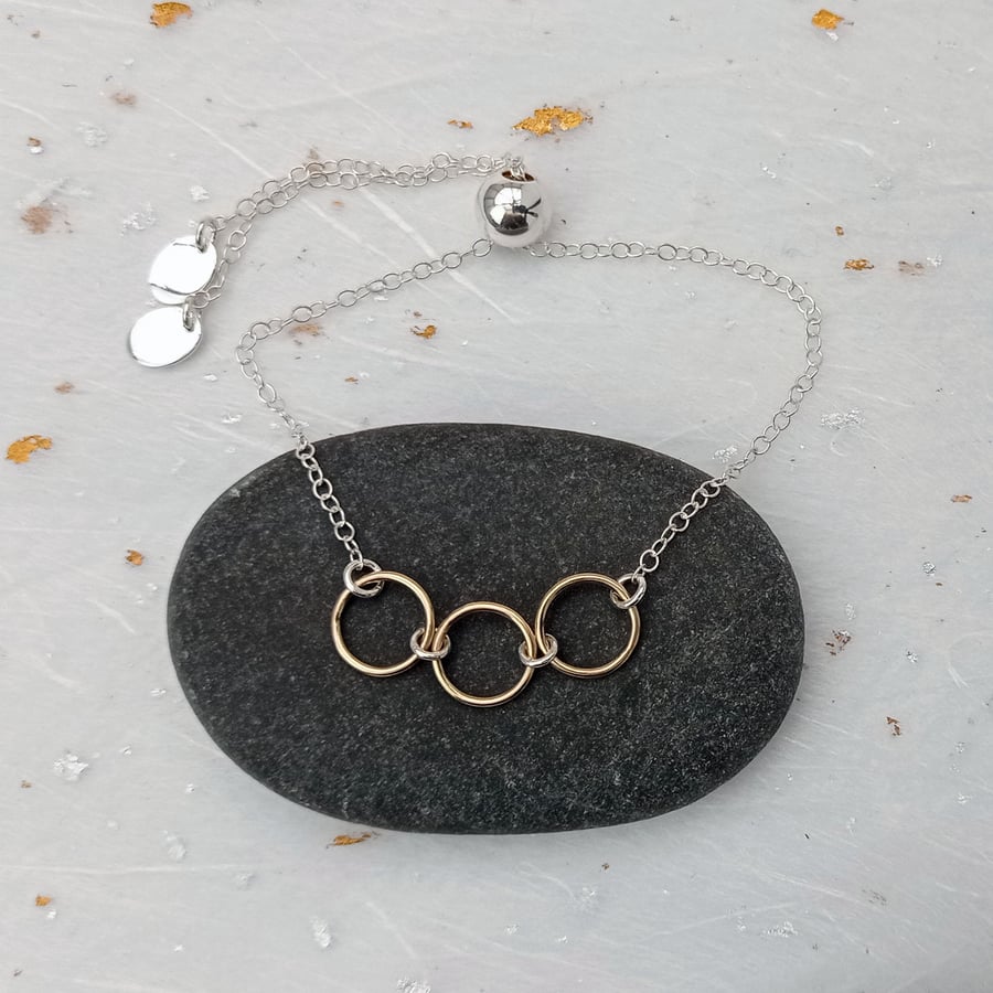 14ct filled gold and sterling silver 3 ring adjustable bracelet 