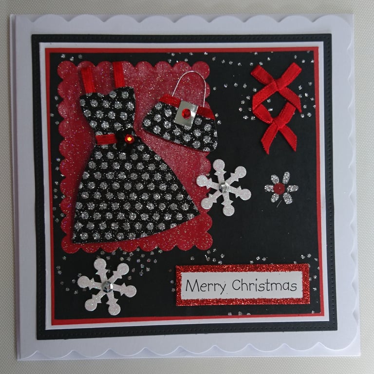 Handmade Christmas Card Sexy Sparkly Black Dress and Handbag