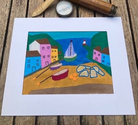 Mixed media Cornish harbour scene.