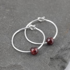 Boho 4mm Dark Red Garnet Gemstone & 15mm Sterling Silver Hoop Earrings