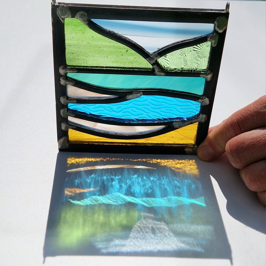 Seaside stained glass leaded hanging panel.