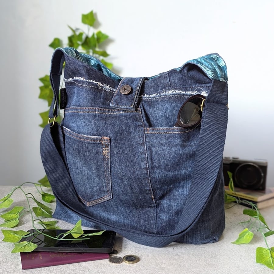 Denim Bag - Dark Denim Cross Body Bucket Bag Teal Leaves Lining 