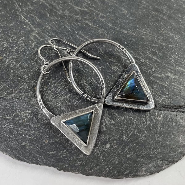 Oxidised silver and labradorite tribal triangle earrings