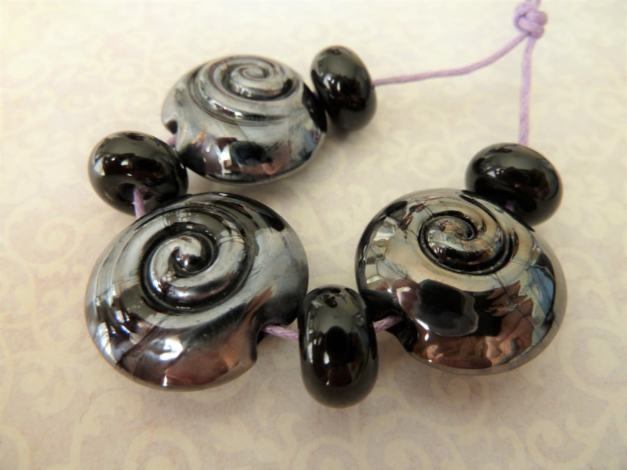 silver spiral lampwork glass bead set