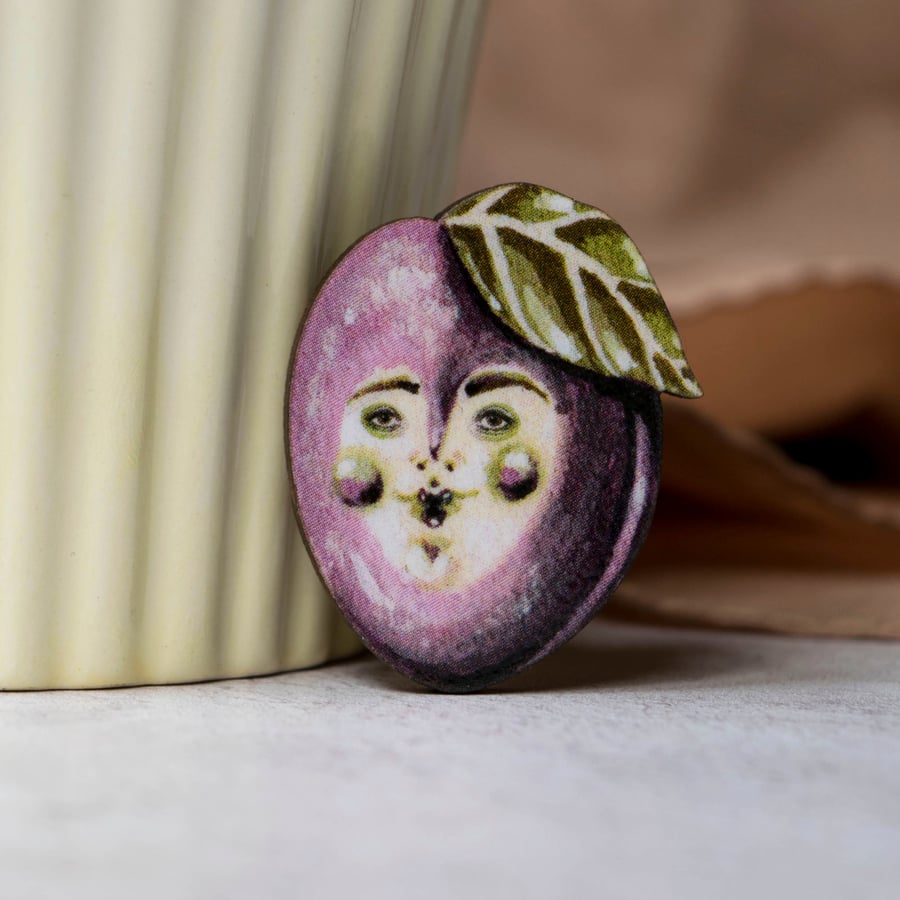 Percy plum wooden laser cut badge brooch