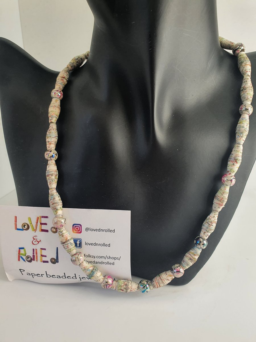 Dainty Paper beaded necklace made with an old OS map of Oxford