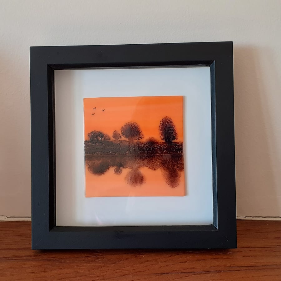 Fused glass mini framed picture - sunset reflections of trees on water