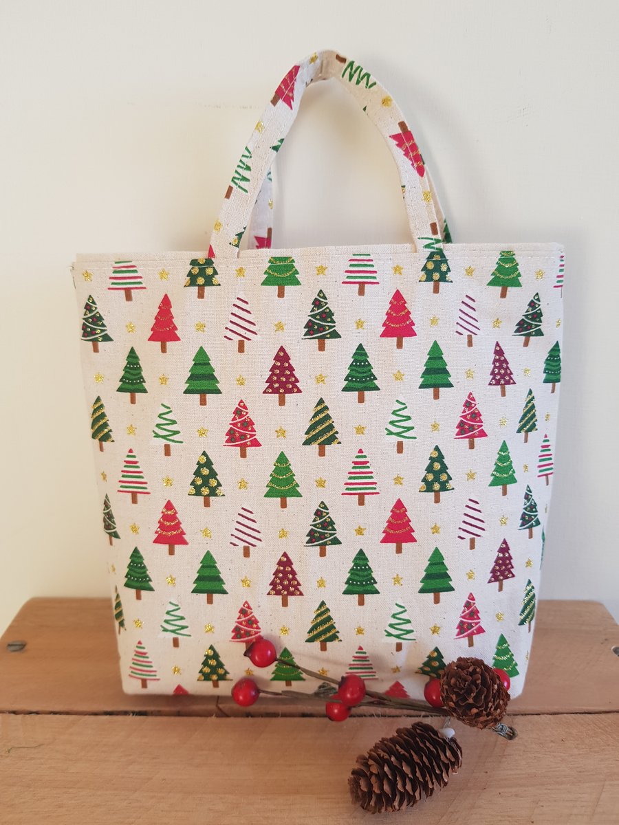 Reusable Christmas gift bag;  sparkly trees