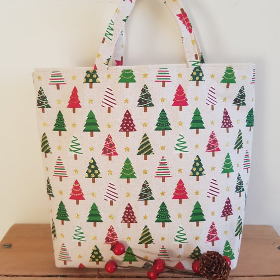 Reusable Christmas gift bag;  sparkly trees