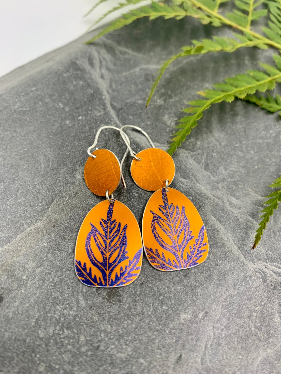 Orange fern aluminium earrings