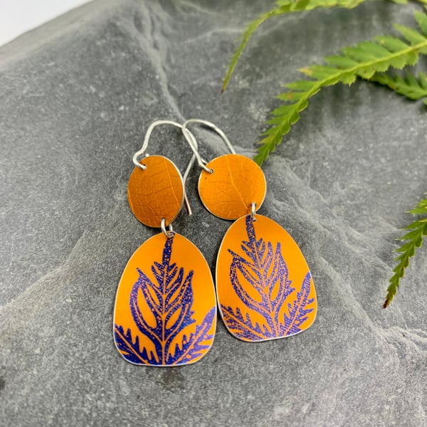 Orange fern aluminium earrings