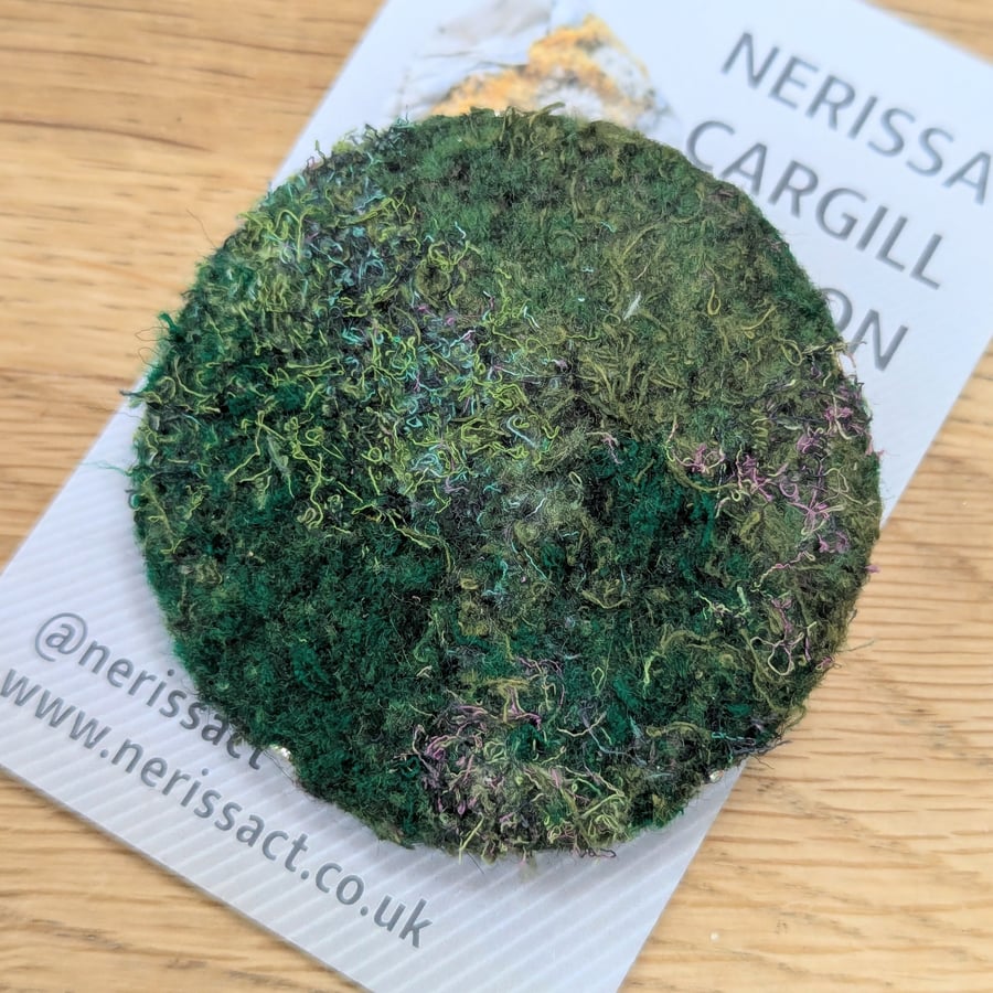 Heather Green Purple Abstract Embellished Recycled Textile 50mm Brooches 