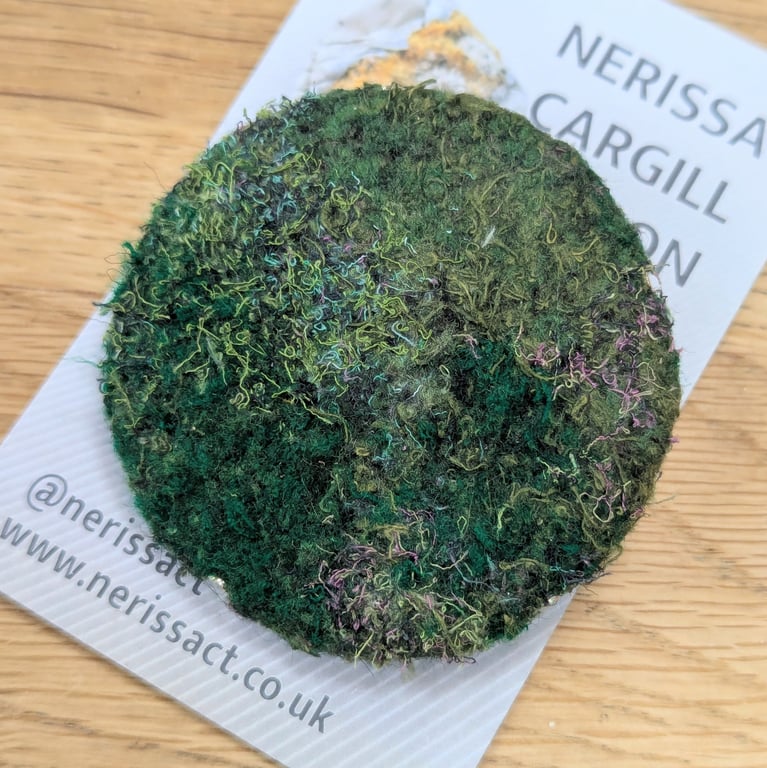 Heather Green Purple Abstract Embellished Recycled Textile 50mm Brooches 