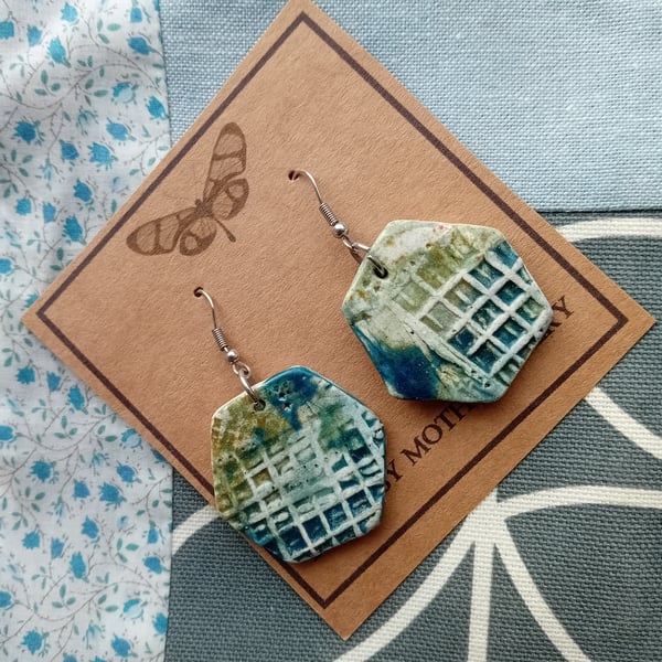Large blue green crackle glaze hexagon stud porcelain clay earrings surgical 