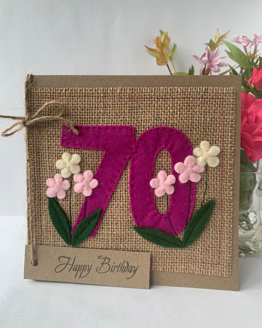 Handmade 70th Birthday Card from felt. Keepsake Card. Textile Card.