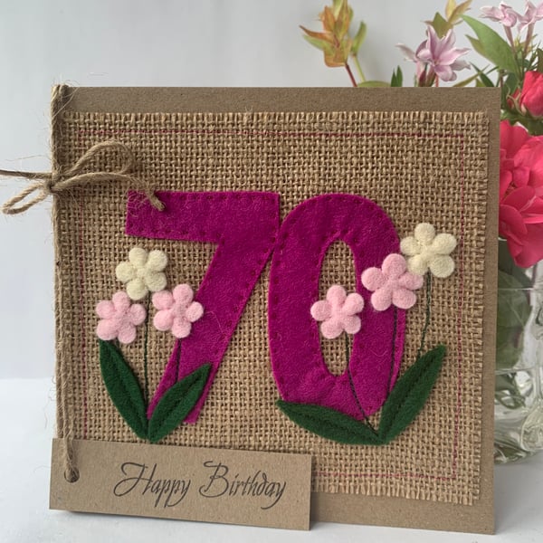 Handmade 70th Birthday Card from felt. Keepsake Card. Textile Card.