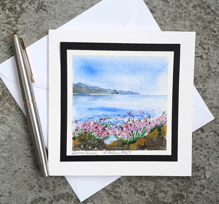 Blank Card. Handpainted Landscape Painting of Wildflowers. Pinks by the Sea