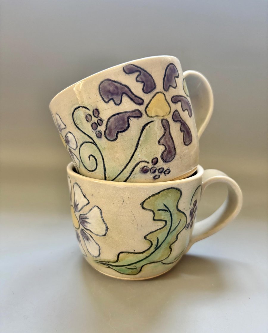 Handmade Ceramic Mug or Teacup: Hand Carved Floral Design