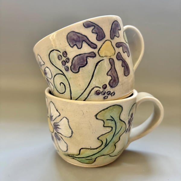 Handmade Ceramic Mug or Teacup: Hand Carved Floral Design