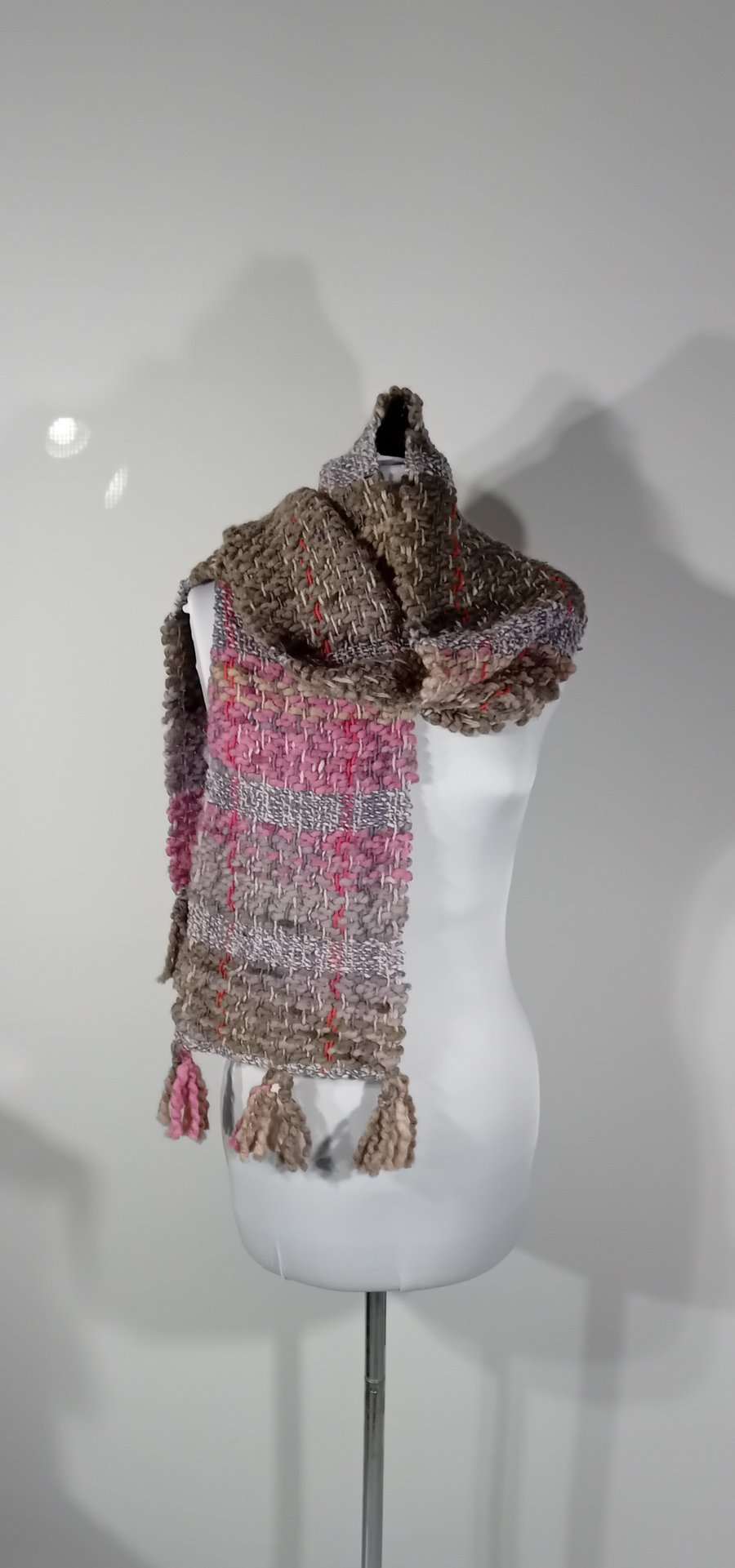 14.Beautiful Hand Woven in Plain Weave. Mushroom and Pink Scarf with Tassels.