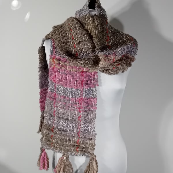 Beautiful Hand Woven in Plain Weave. Mushroom and Pink Scarf with Tassels.