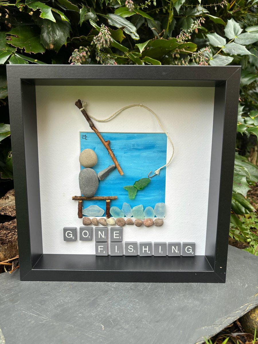 Gone Fishing Scrabble tile Sea Glass and Pebble Art Framed Picture 