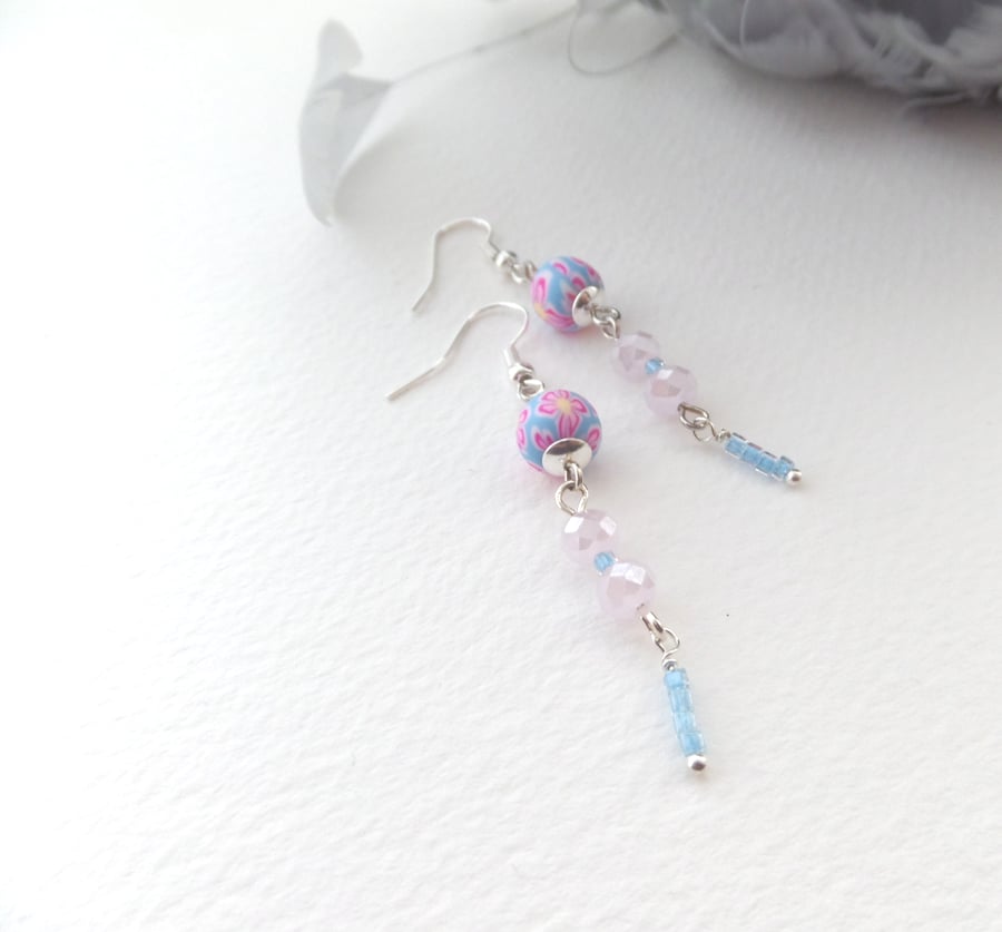 Baby Blue & Pink Earrings, Silver Medium Length Dangle Earrings