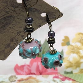 Knobbly turquoise purple lampwork bead earrings